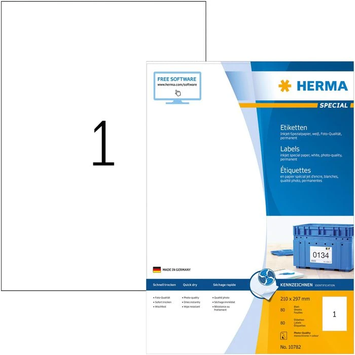 Herma Inkjet-Etiketten 10782 Special, Weiß, 210 X 297 Mm, Matt, 80 Blatt, 80 Stück 3 Herma Inkjet-Etiketten 10782 Special, Weiß, 210 X 297 Mm, Matt, 80 Blatt, 80 Stück