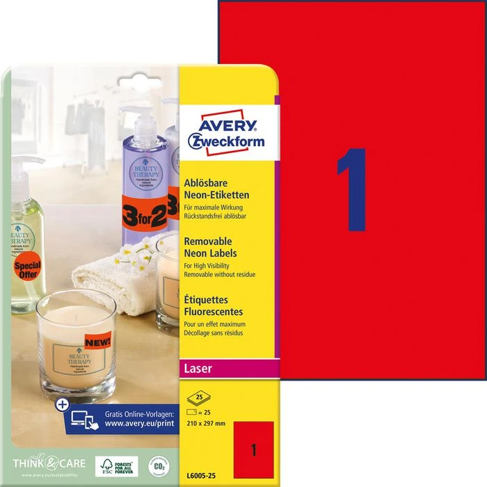 Avery Zweckform L6005-25 Universaletiketten, Neon-rot, 210 X 297mm, Ablösbar, 25 Blatt, 25 Stück 3 Avery Zweckform L6005-25 Universaletiketten, Neon-rot, 210 X 297mm, Ablösbar, 25 Blatt, 25 Stück