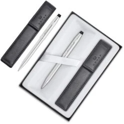 Cross® Cross Schreibset Century II, Messing, Kugelschreiber Chrom & Echtleder-Etui Schwarz