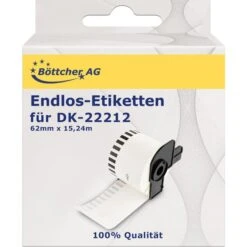 Böttcher-AG Brother-Etiketten Für Brother DK-22212, Weiß, 62mm X 15,24m, Endlos-Etik., Film, Permanent