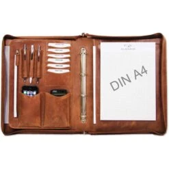 Almadih Schreibmappe Deluxe, A4, Reißverschluss, Ringmechanik, Braun, Echt Leder